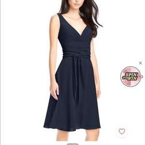 Knee-length A line dress with V neck in navy blue